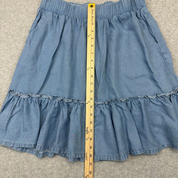 Torrid Skirt WMNS M Blue Chambray Ruffle Shirred Hem Stretch Waist Front Pockets - Picture 12 of 12